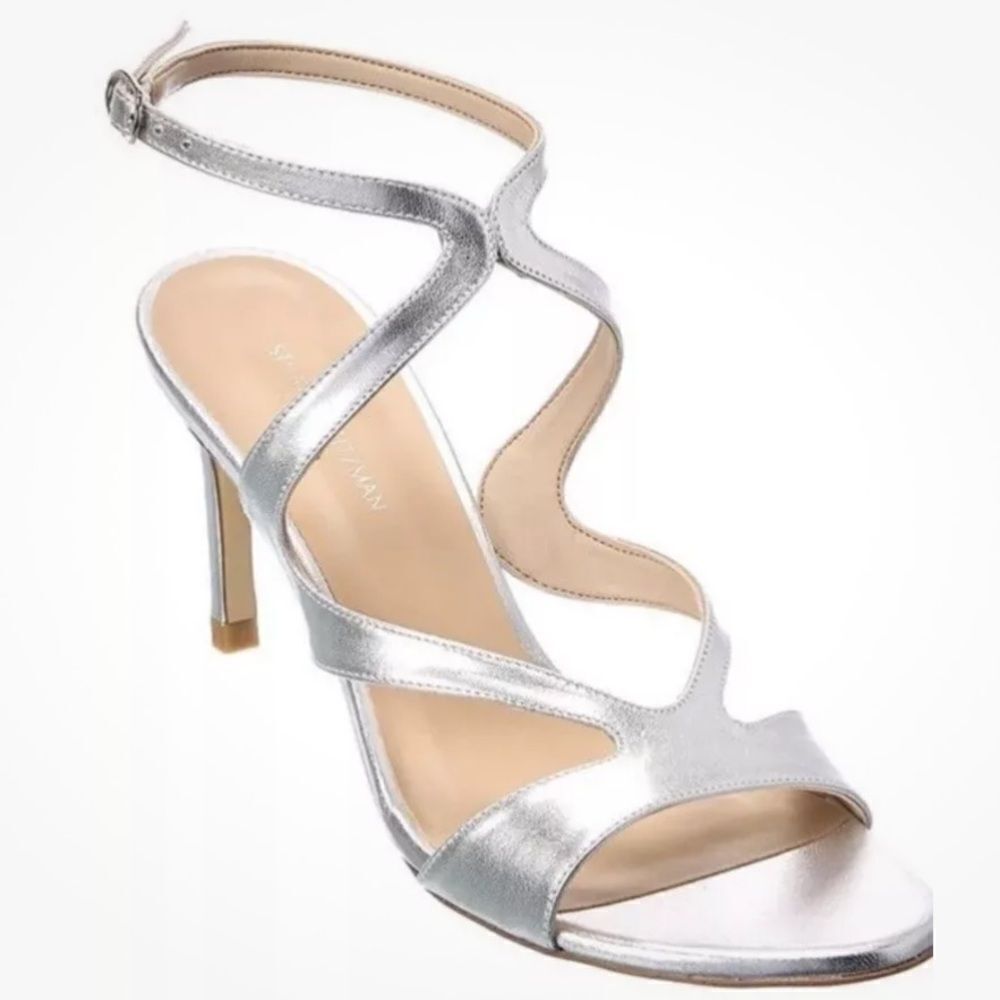 Revolve Stuart Weitzman Mariposa Silver Leather Sandals Heels NWOT - Picture 2 of 10